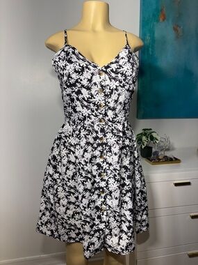 Black & White Floral Button-Front Mini Dress with Spaghetti Straps